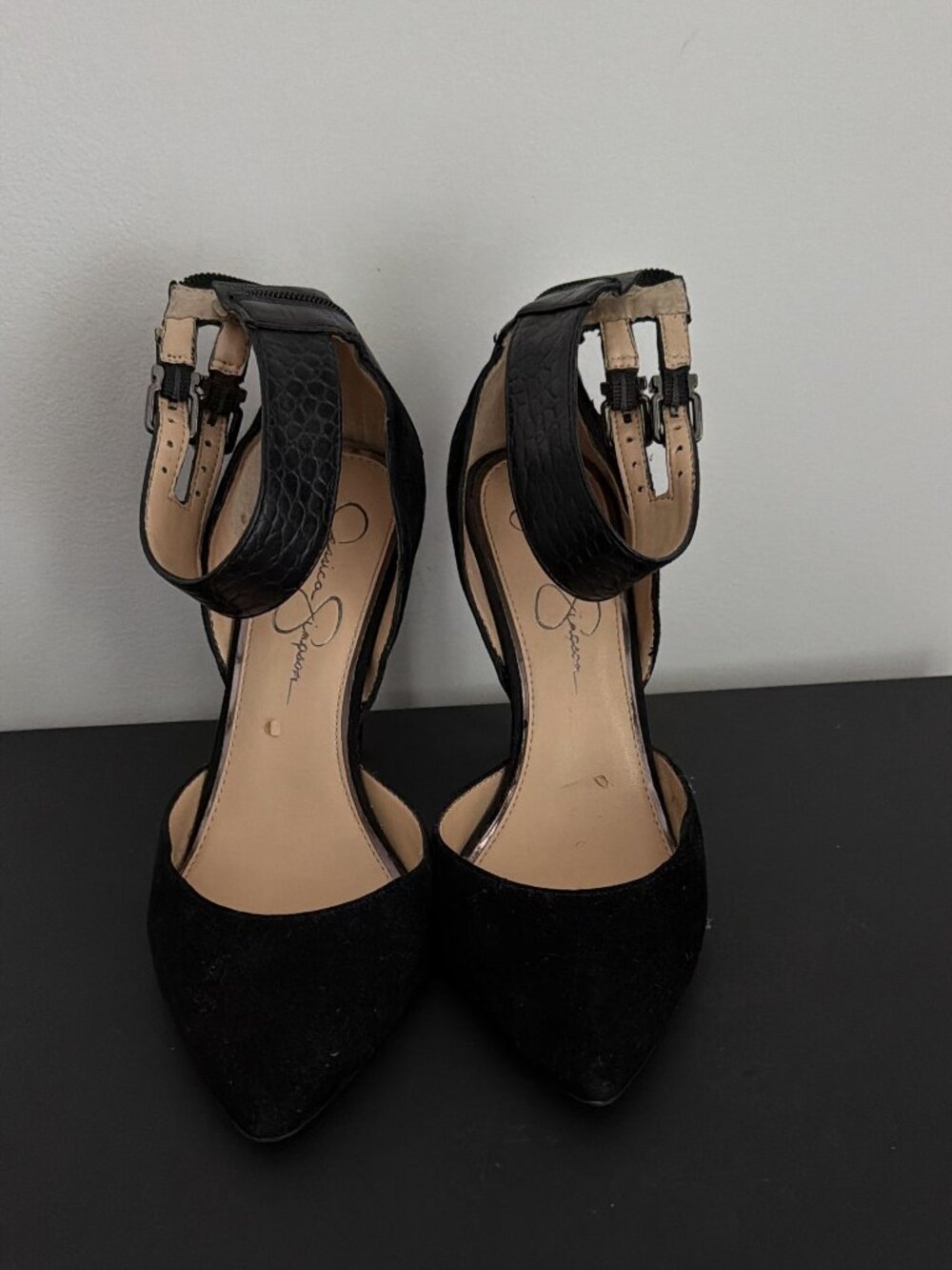 Jessica Simpson Black Pointed-Toe Ankle Strap Heels – Size 38.5